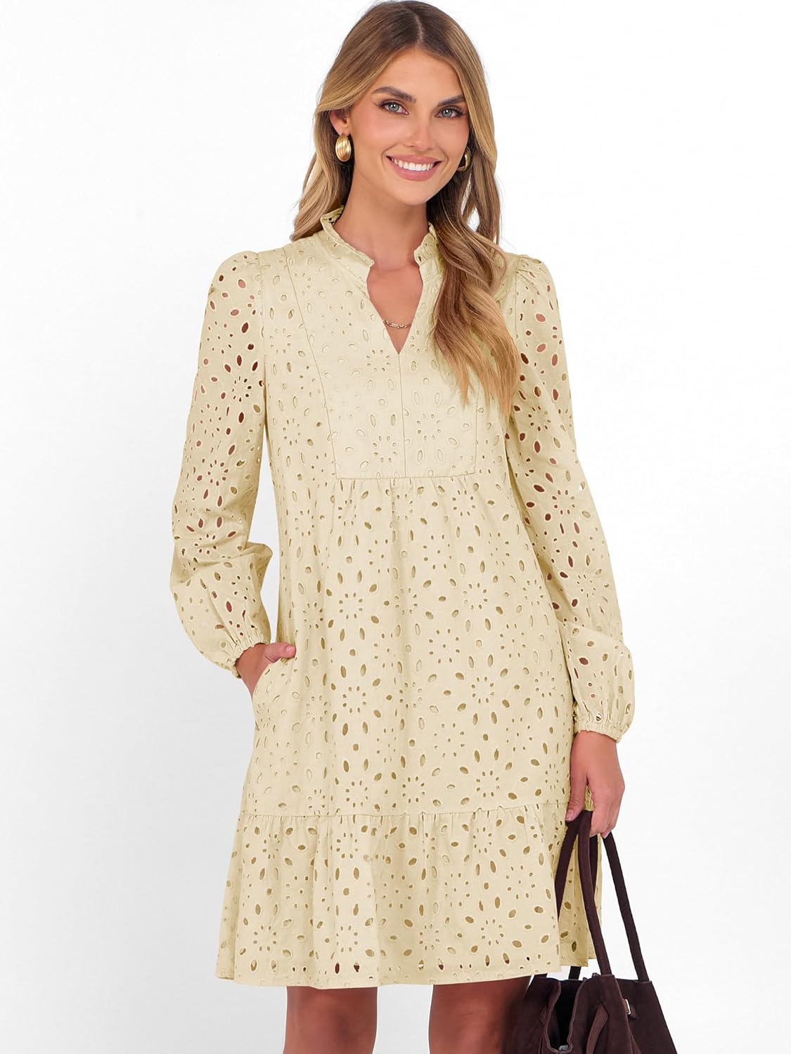 Caracilia Womens Dresses Long Sleeve V Neck Eyelet Hollow Out Fall Casual Flowy Swing Boho Tiered 2025 Mini Short Dress - Image 6