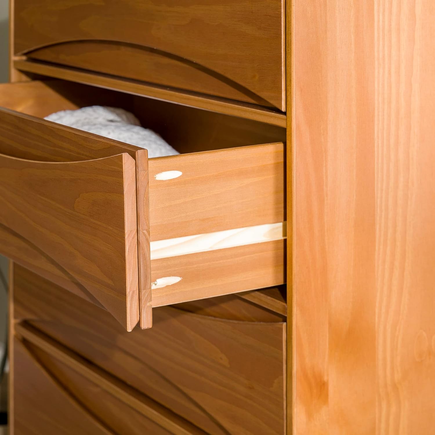 Walker Edison Lowry Mid-Century Modern Detailed-Drawer Solid Wood Dresser, 30 Inch, Caramel