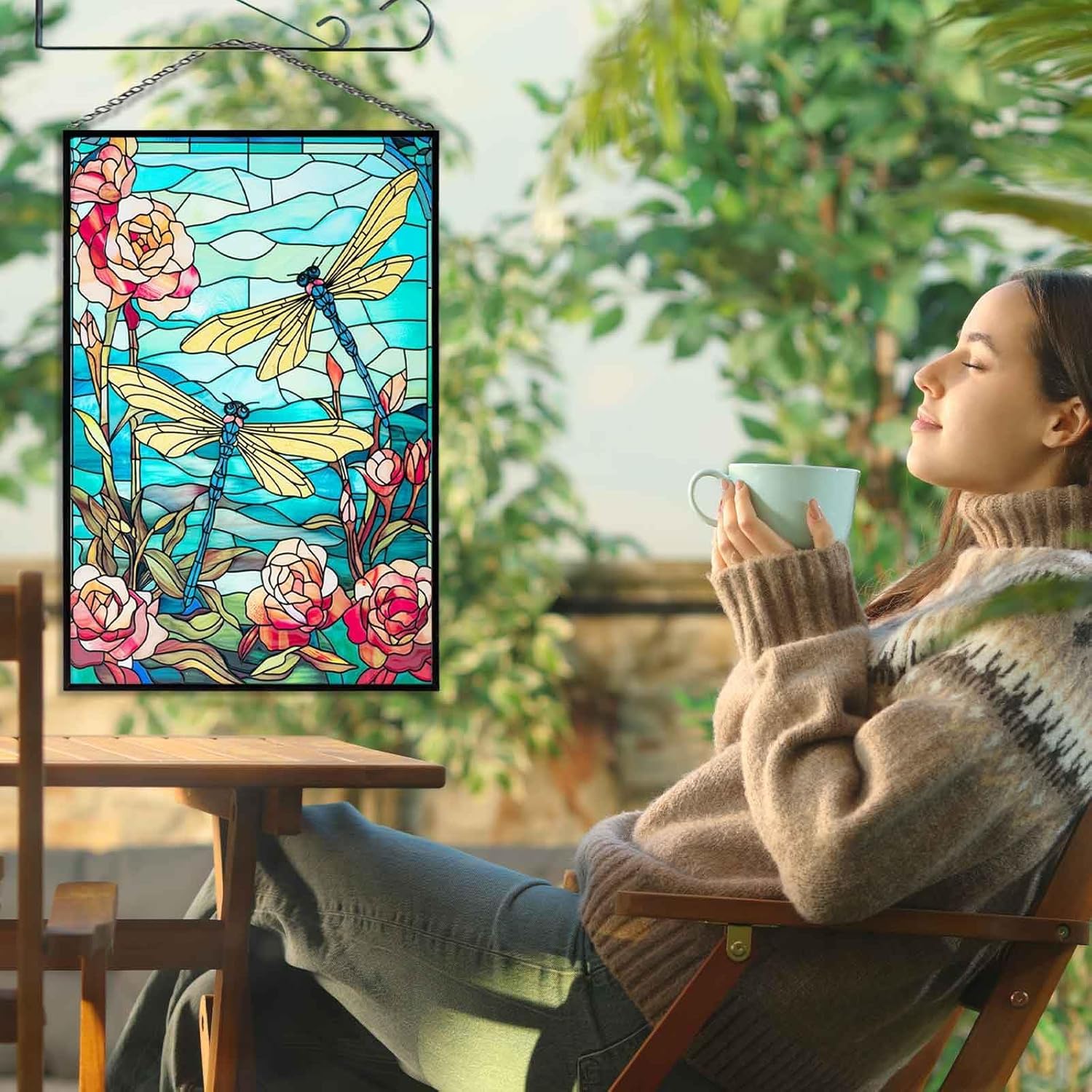 Stained Glass Window Hanging, Dragonfly Suncatchers for Windows Hanging, Handcrafted Sun Catchers Indoor Window Panel for Home Decor, Gift for Mom, Wife, Friends, Rectangular W10 xH15