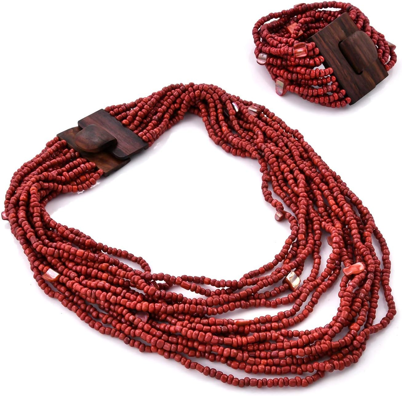 Shop LC Seed Bead Wooden Buckle Stretch Bracelet Multi Strand Layered Necklace Jewelry Set for Women Birthday Gifts 18"