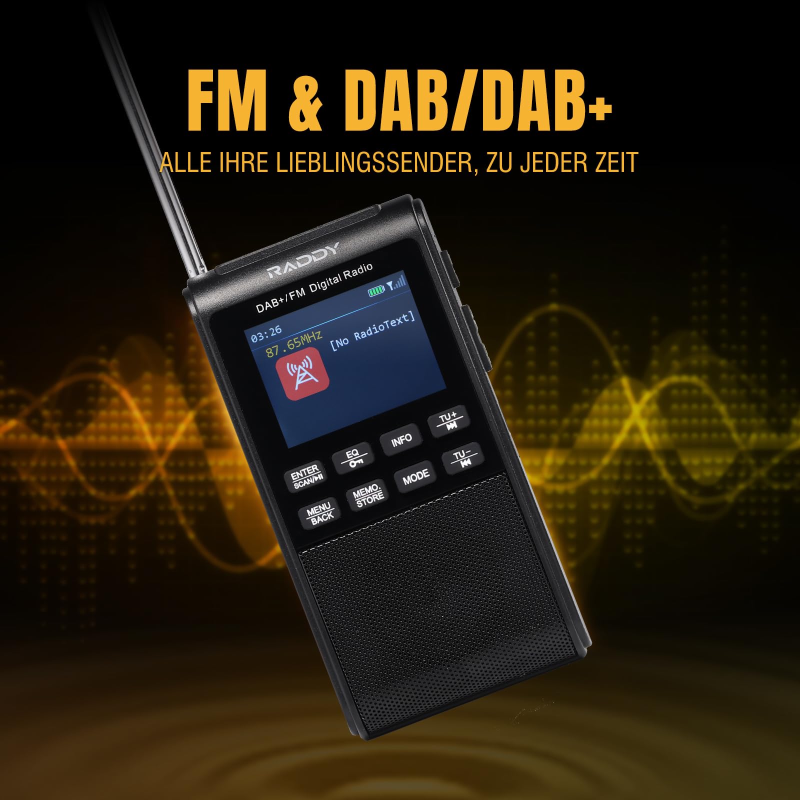 Raddy RD939 DAB+/FM Taschenradio mit Bluetooth 5.3, 5W Lautsprecher, USB-C | 80 Senderspeicher, 2-Zoll-Display, TF/USB-Wiedergabe, Doppelwecker und 1200mAh Akku für zuverlässigen Empfang unterwegs