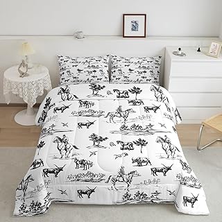 Western Comforter Set Full Size Sketch Cowboy Cow and Horse Bedding Set 3Pcs Farm Animal Quilt Set for Kids Boys Girls Adult Room Decor Black White Rustic Farmhouse Duvet Insert,2 Pillowcase