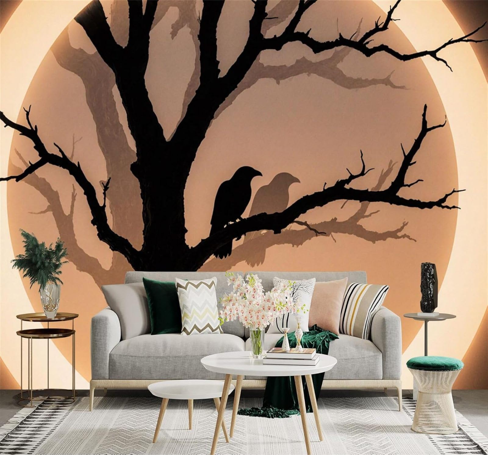 Xlming 430Cm×300Cm(B×H) Minimalist Silhouette Of A Crow On A Branch Beautiful Full Moon Sunset 3D Wallpaper Silky Texture Home Study Office Grey Dining Room Sofa Bedroom Living Room Tv Backdrop-430Cm×300Cm