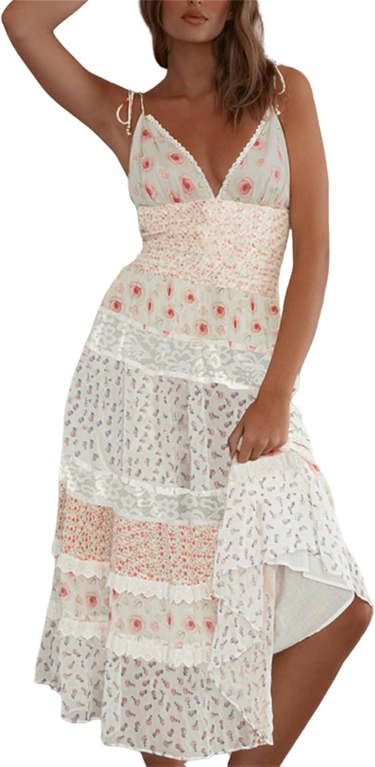 Women Boho Floral Smocked Maxi Dress Y2k Patchwork Lace Layered Long Beach Dress Casual Flowy Summer Sundress