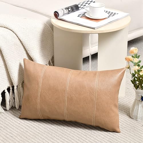 Fancy Homi Fundas de almohada decorativas de piel sintética impermeable de 12 x 20 pulgadas para sala de estar, sofá, cama, funda de cojín cosida a