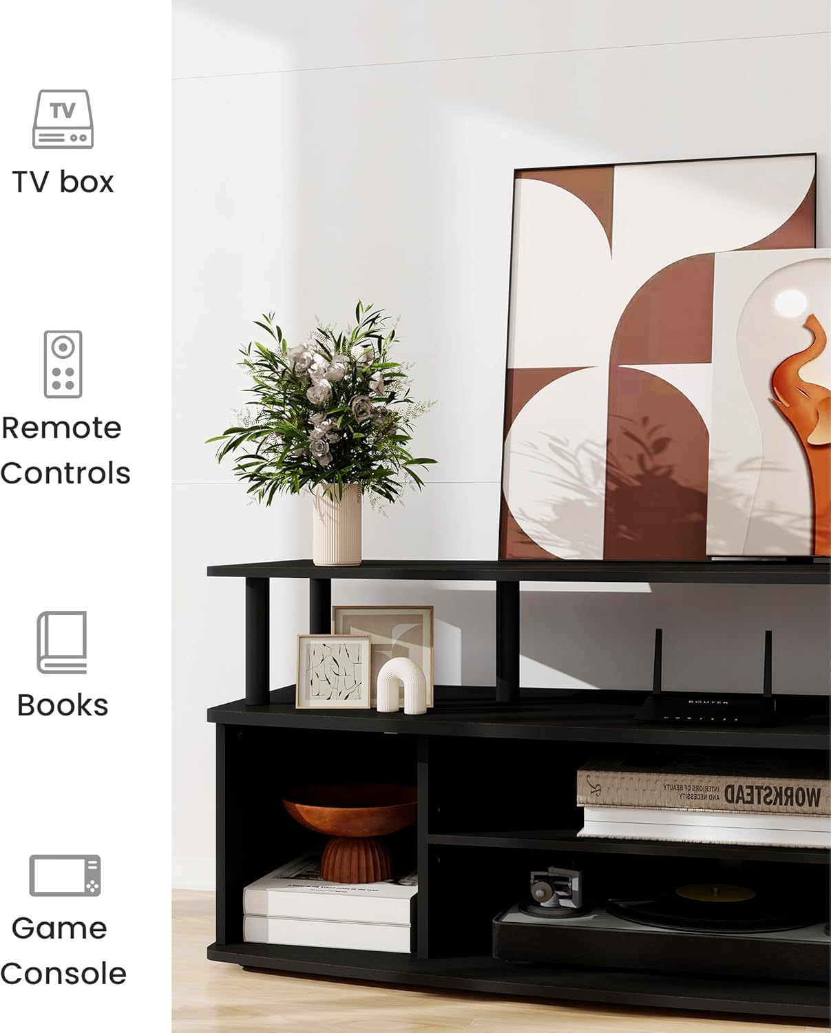 Modern TV Stands for 55 Inch Television, Entertainment Center with Open Storage Shelves, TV Stand for Living Room Bedroom, Black