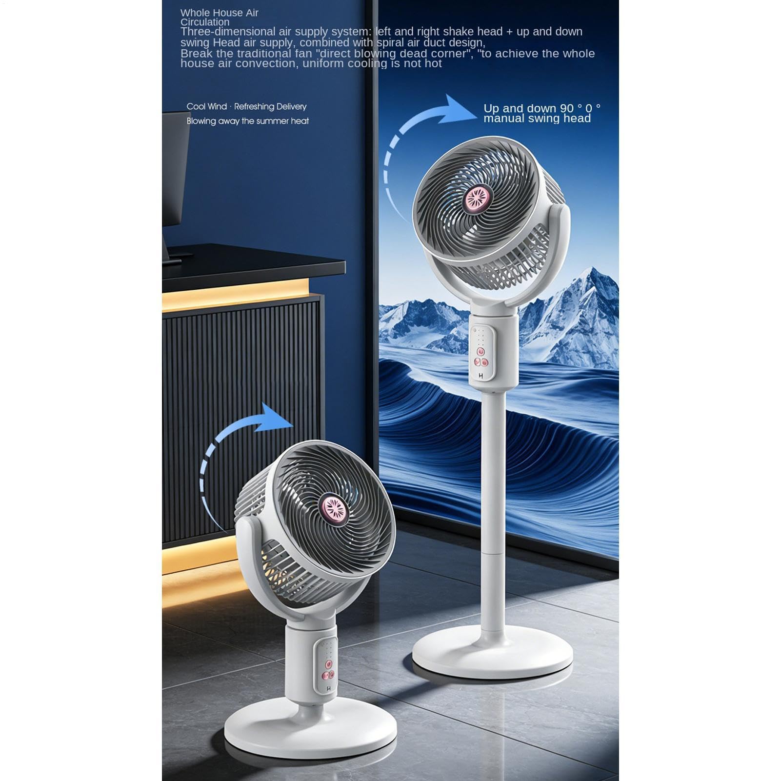 Ventilador Vertical Soplador de pie 5 velocidades con temporizador | Ventilador suelo circulación aire oscilante altura ajustable carga USB-C para playa, hogar, oficina, cocina, dormitorio,