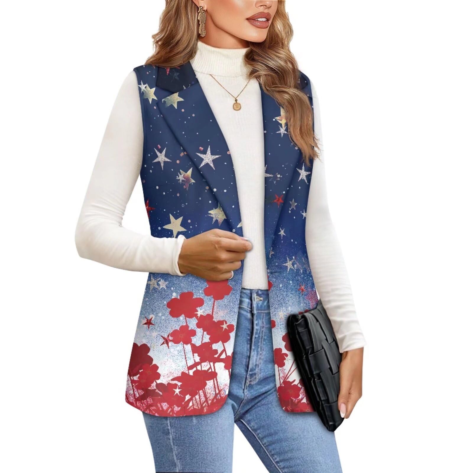 Sleeveless Womens Suit Vest American Flag Stars Floral Blazer 4th of July One Button Loose Fit Lightweight Coat