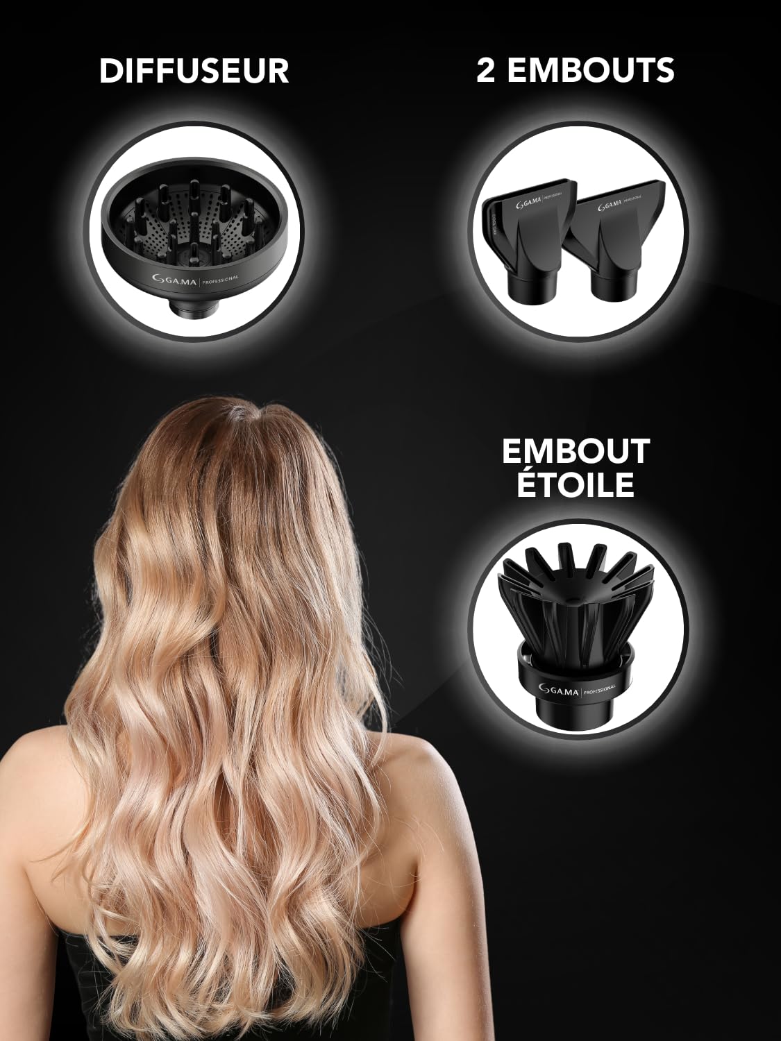 GA.MA Italy Professional, iQ3 Perfect, sèche-cheveux ultraléger avec moteur sans balais de 110 000 tr/min, technologie Stand-by et fonction Turbo, puissance 1600 W, noir