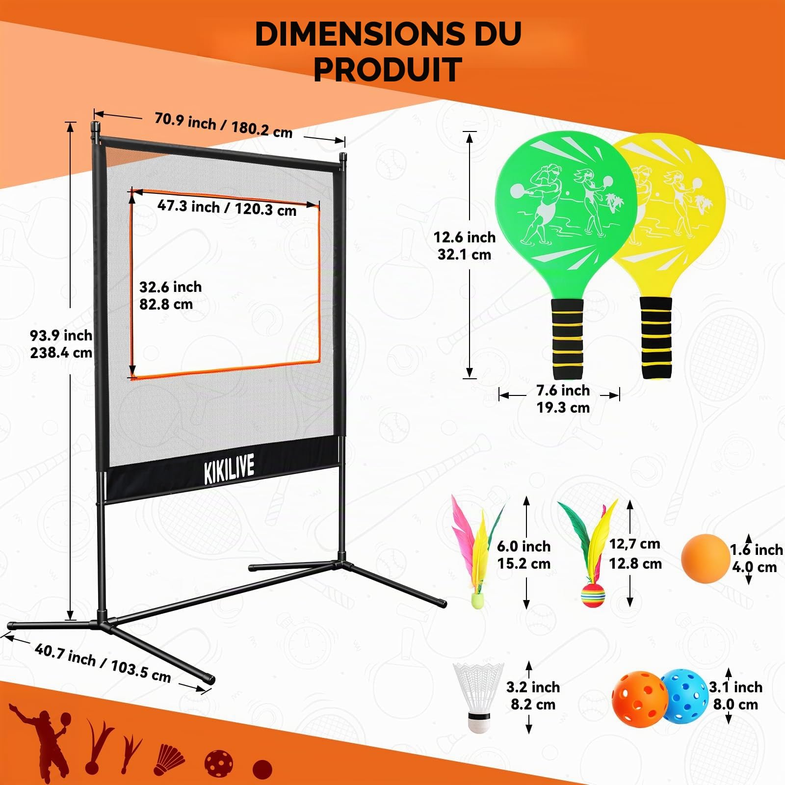 Set de Jeux de Raquettes avec Filet - Set Sportif 4-en-1, Compatible Badminton/Tennis de Table/Volant/Pickleball, Set de Jeux Sportifs Intérieur & Extérieur, pour Plage/Jardin/Maison