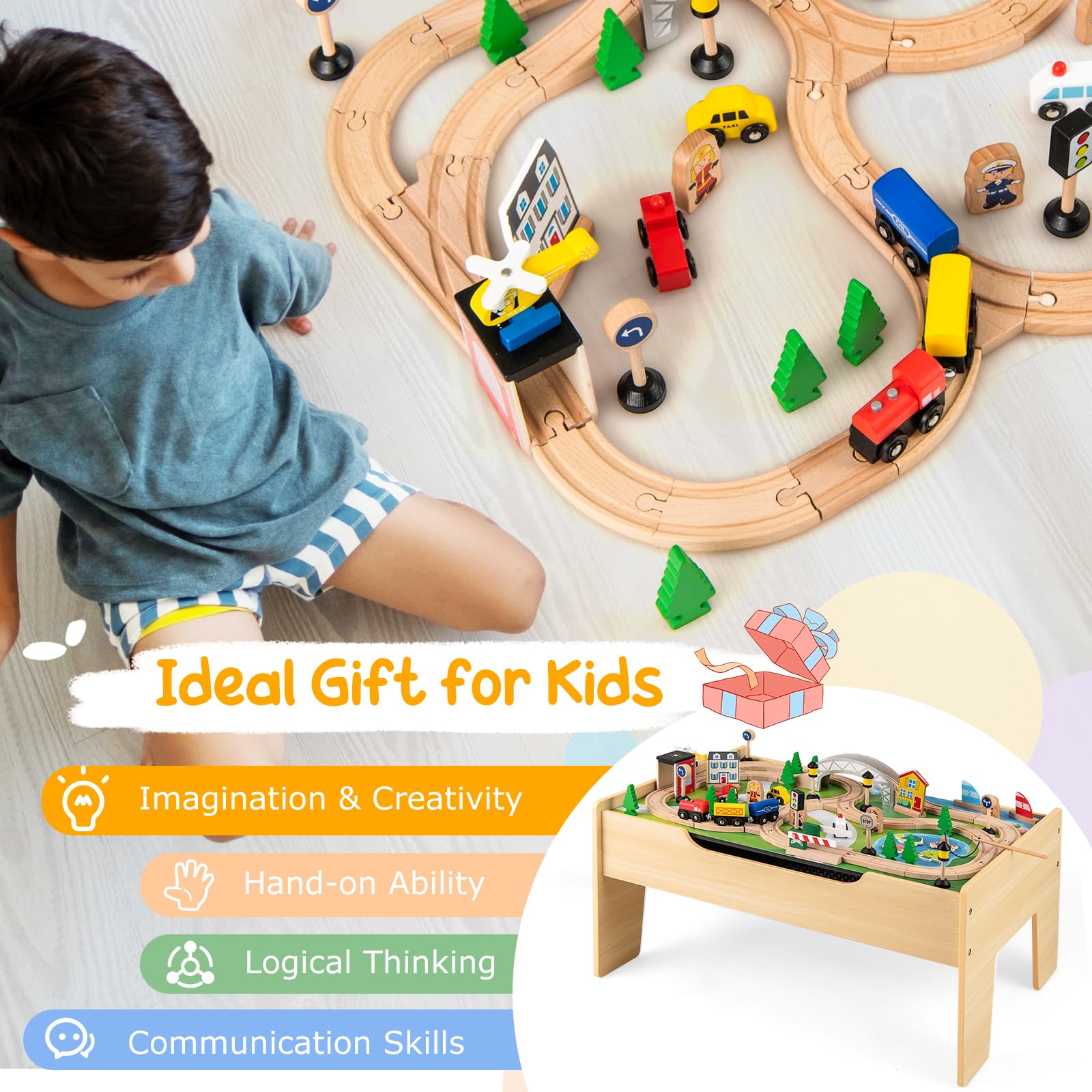 GOPLUS 100Pcs Table Circuit de Train Enfant en Bois, 2 en 1 Table Rail de Train Enfants 3 + Ans Pistes Tiroir de Rangement, pour Garçons et Filles 3 Ans+ (79x51x15CM|100 PCS)