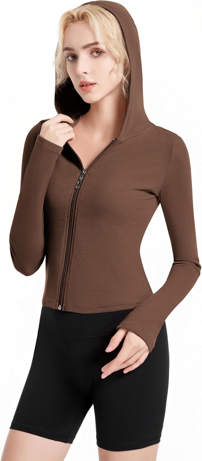 Ribbed Hoodies for Women Lightweight Full Zip Up Jackets Long Sleeves Tops Fitted Cropped Sweatshirt - Image 3