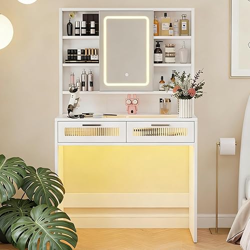 Miniatura 10 de Hadulcet Escritorio de tocador con espejo y luces, tocador de maquillaje con toma de corriente, tocador LED con cajones RGB y gabinete, 10 estantes