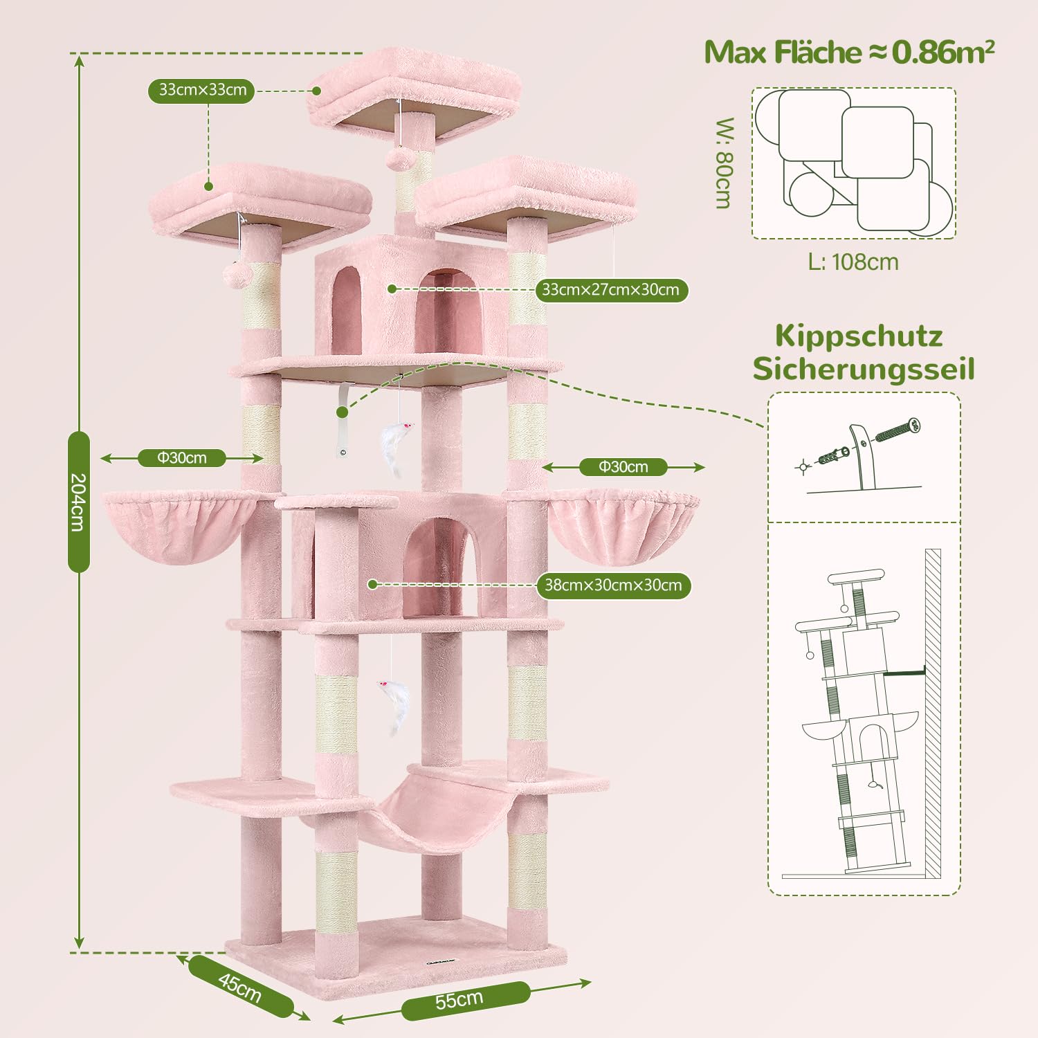 Globlazer F80 drapak różowy XXL z hamakiem 204 cm dla 2/3 kotów | Drzewko dla kota z 3 drążkami do siedzenia, domki dla kotów, łatwy montaż zamek dla kota do salonu, sypialni, studia