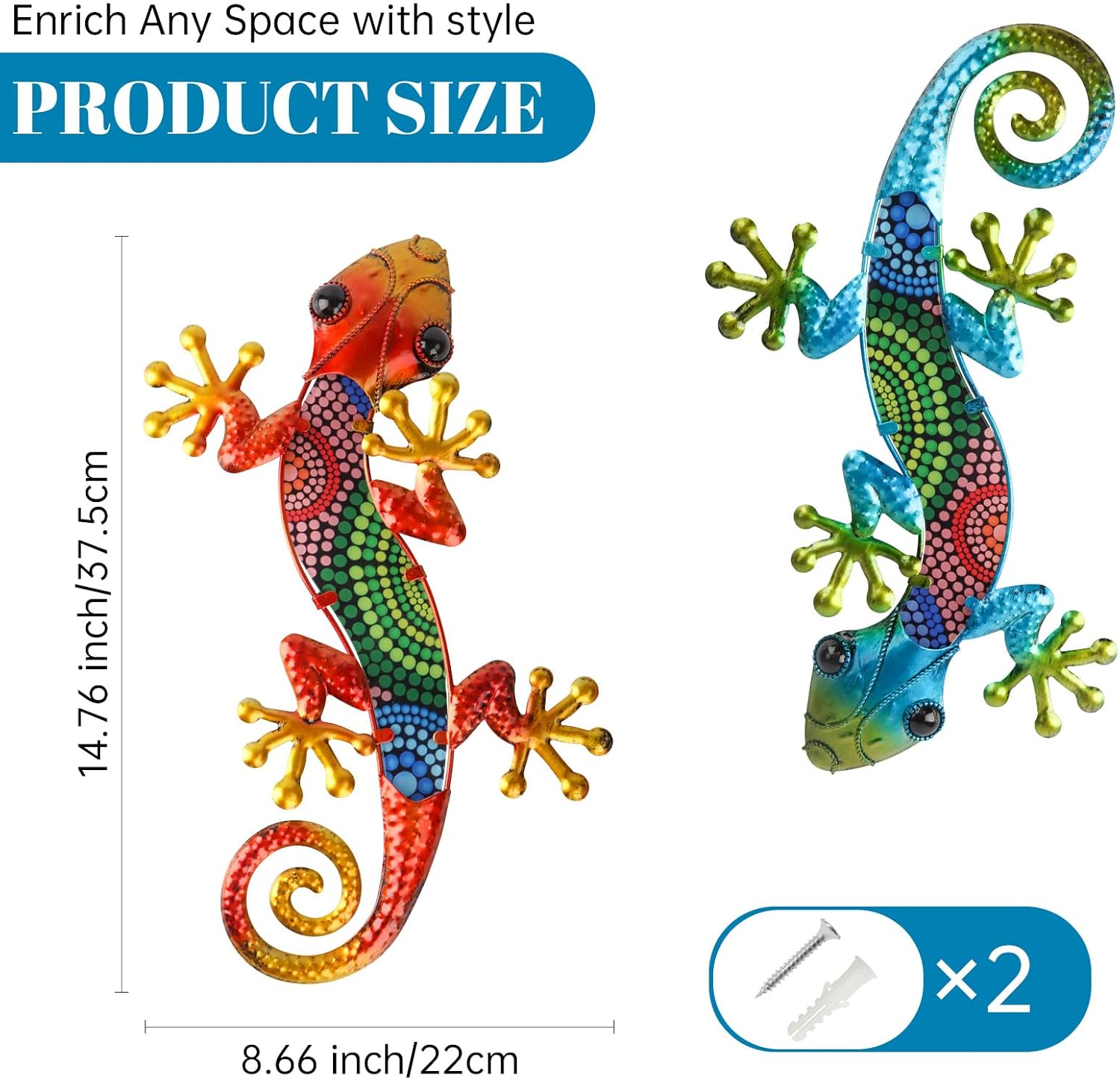 WANFSOWO 3D Metal Gecko Wall Art, 2 Pack Colorful Lizard Wall Decor, 14.76"x8.66" Hand-Painted Dot Pattern Outdoor Garden Fence Sculpture, Indoor Outdoor Hanging Animal Art for Patio Porch Gift