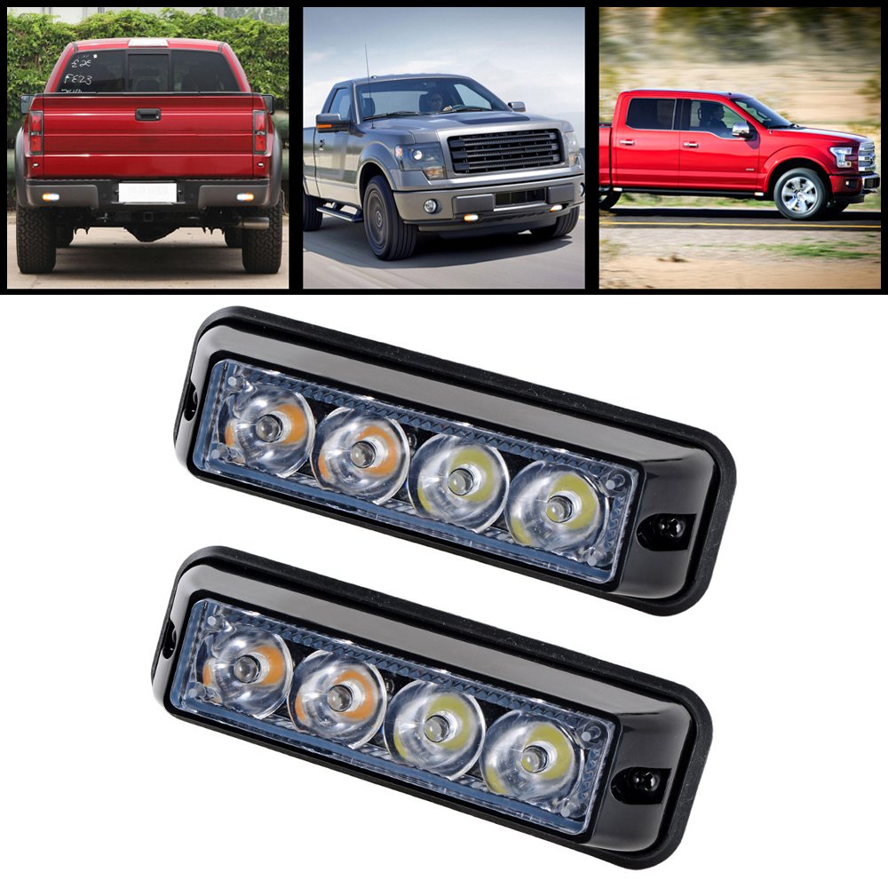 Astra Depot White/Amber 12W 4-LED Warning Emergency Deck Grille Tow Truck Car SUV Strobe Light Head (2 pieces)