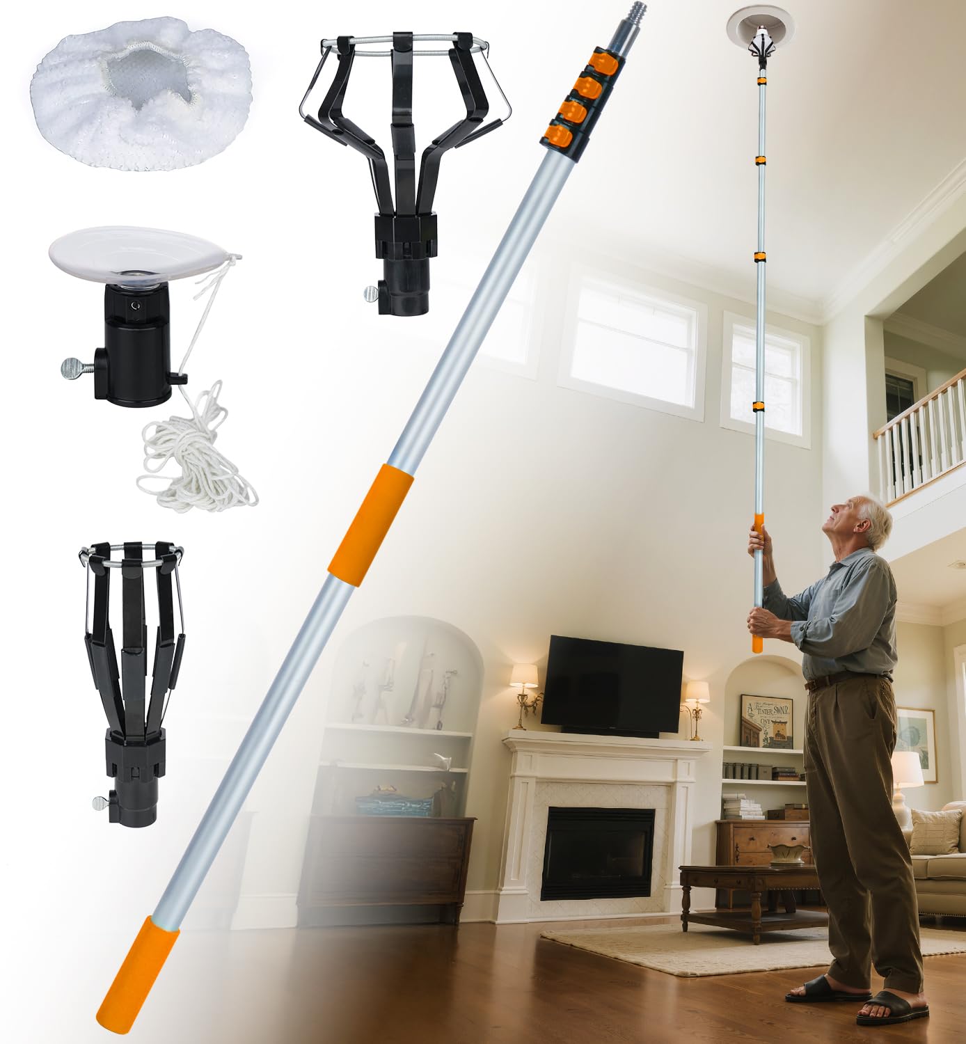 3ft to 20ft telescoping bulb changer pole kit with 2 baskets and suction cup for high ceilings and recessed lights, bulb removal tool change-image-48