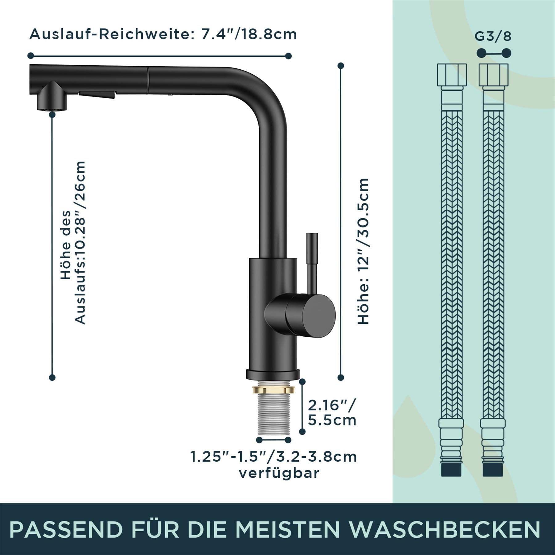 Keukenkraan zwart met sproeier uittrekbaar, waterkraan keukenkraan eenhandsmengkraan, 360° draaibaar, 2 straalsoorten, hoge comfort-uitloop 262 mm, hogedruksluitingen