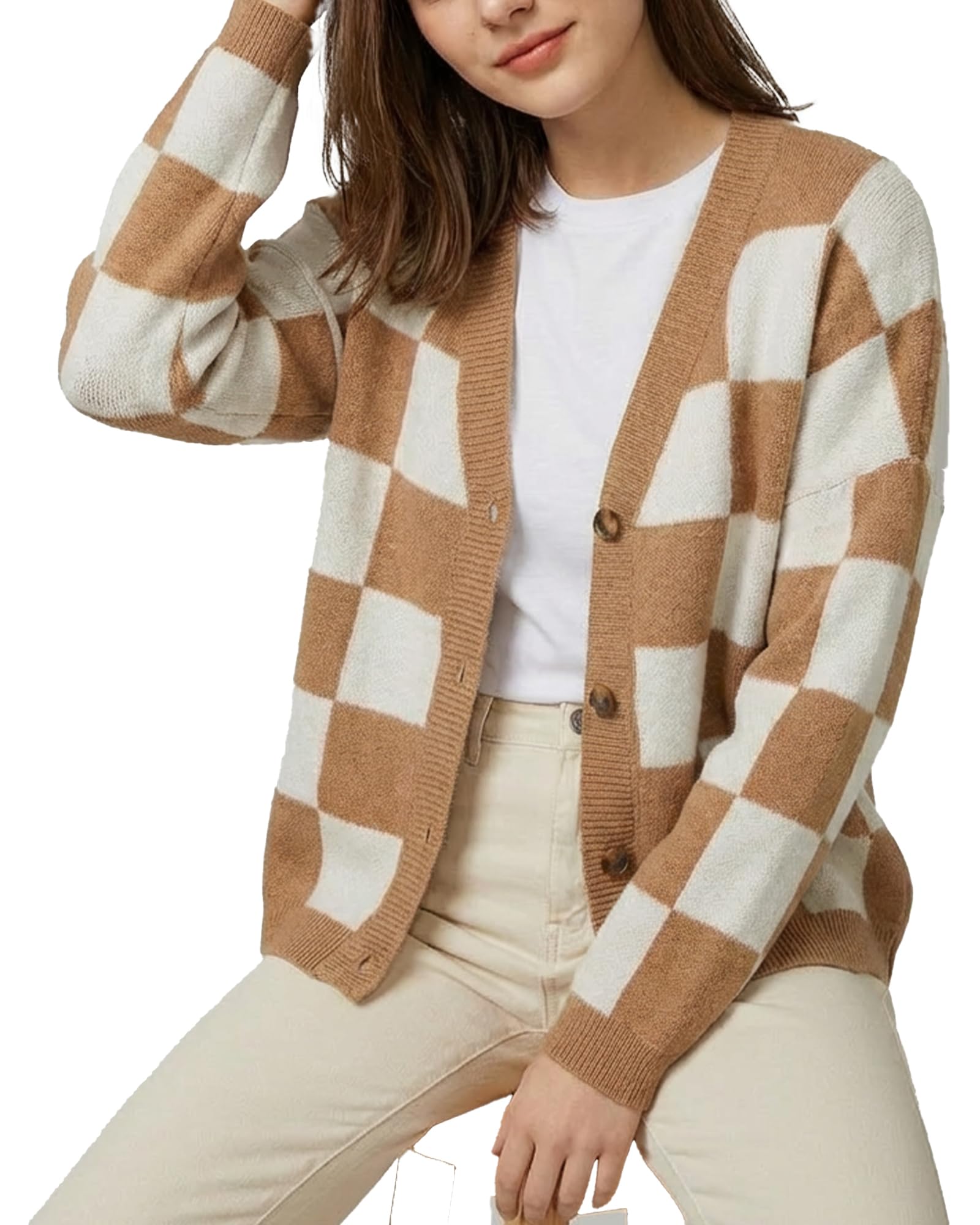 Womens Plaid V Neck Cardigan Button Down Long Sleeve Cable Knit Oversized Sweaters Tops