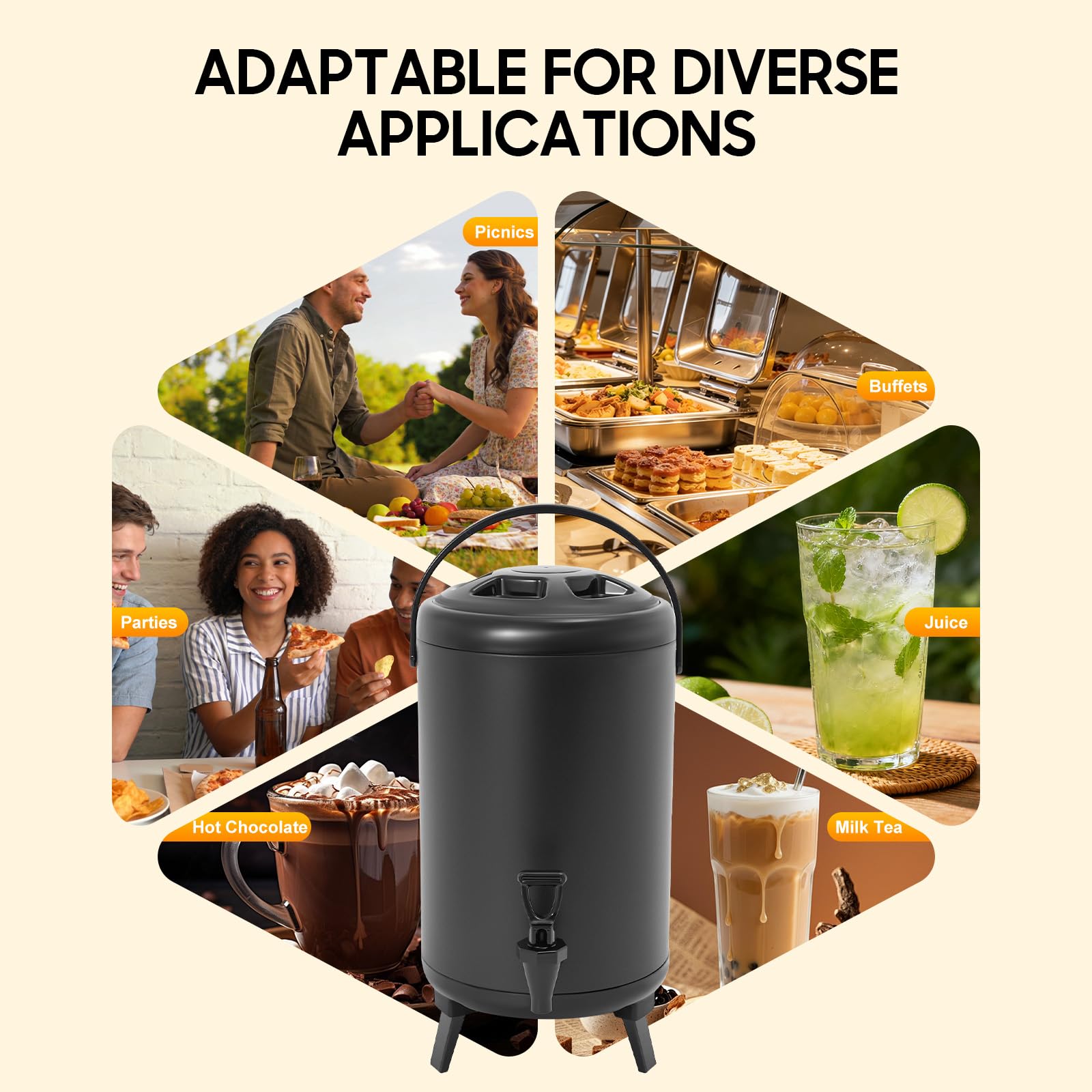 Distributeur De Boissons Isotherme 10L Fontaine À Boissons Chaudes Froides, Distributeur Jus Café Thé Acier Inoxydable Noir, Conservation 4-8H Avec Robinet Récipient Isotherme Pour Boissons