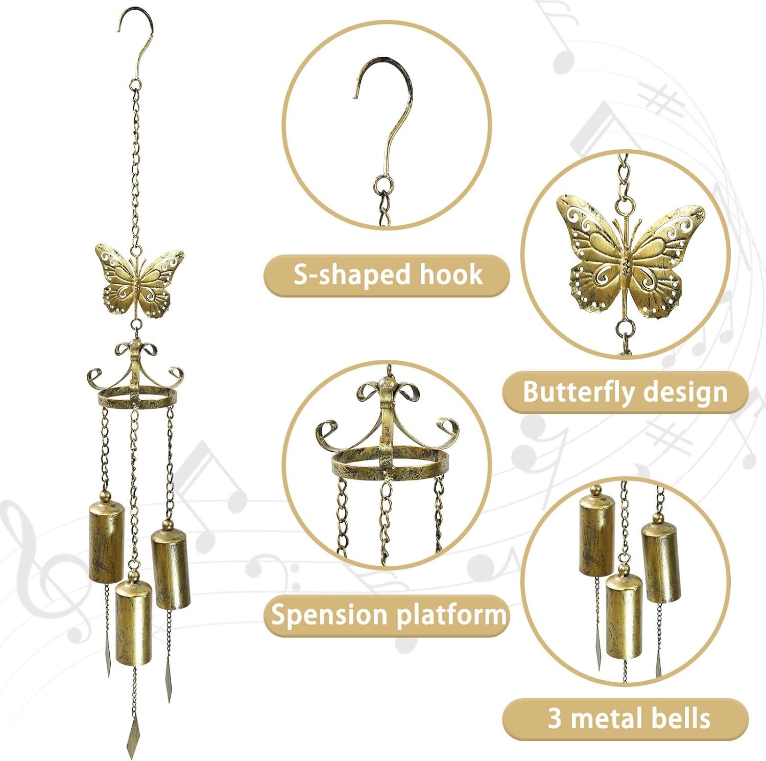 Outdoor Wind Chimes, Butterfly Wind Chimes, cast Iron Craft. for Terrace Garden Decoration, Home Gifts.