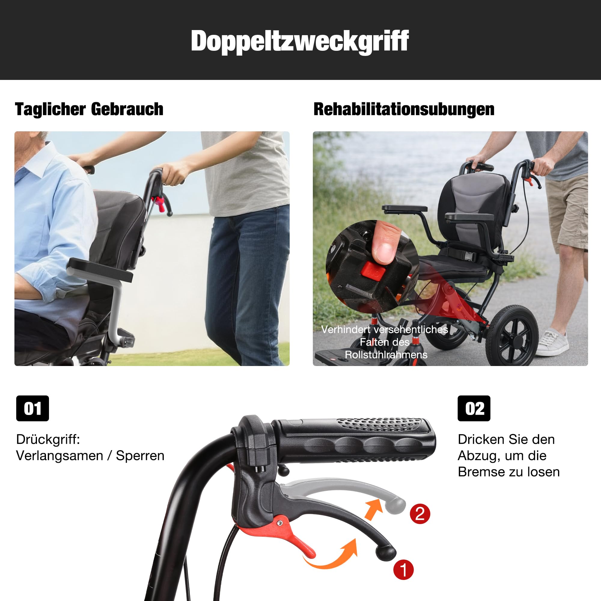 Rollstuhl Faltbar Leicht für Erwachsene und Senioren, Tragbarer Reisestuhl mit Abnehmbarem Polster und 12-Zoll-Rädern, Ergonomischer Rollstuhl, Höhenverstellbar, für Jedes Gelände Geeignet