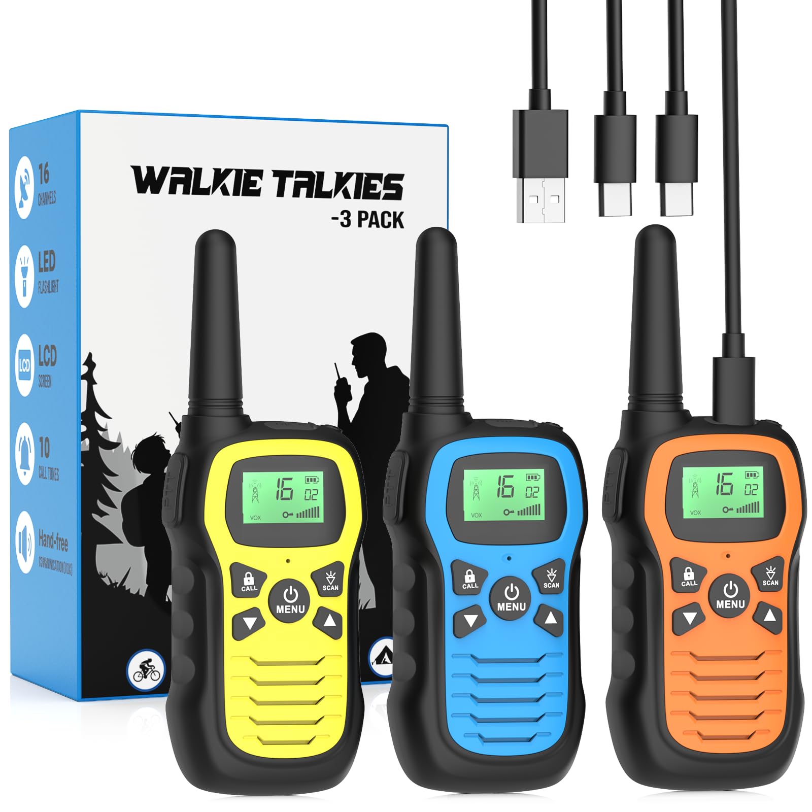 Walkie Talkie 3er Set, Walkie Talkie Kinder Aufladbar mit 16 Kanäle, Funkgerät Kinder mit VOX Funktion, LED Taschenlampe, 3 Meilen Lange Distanz für Camping