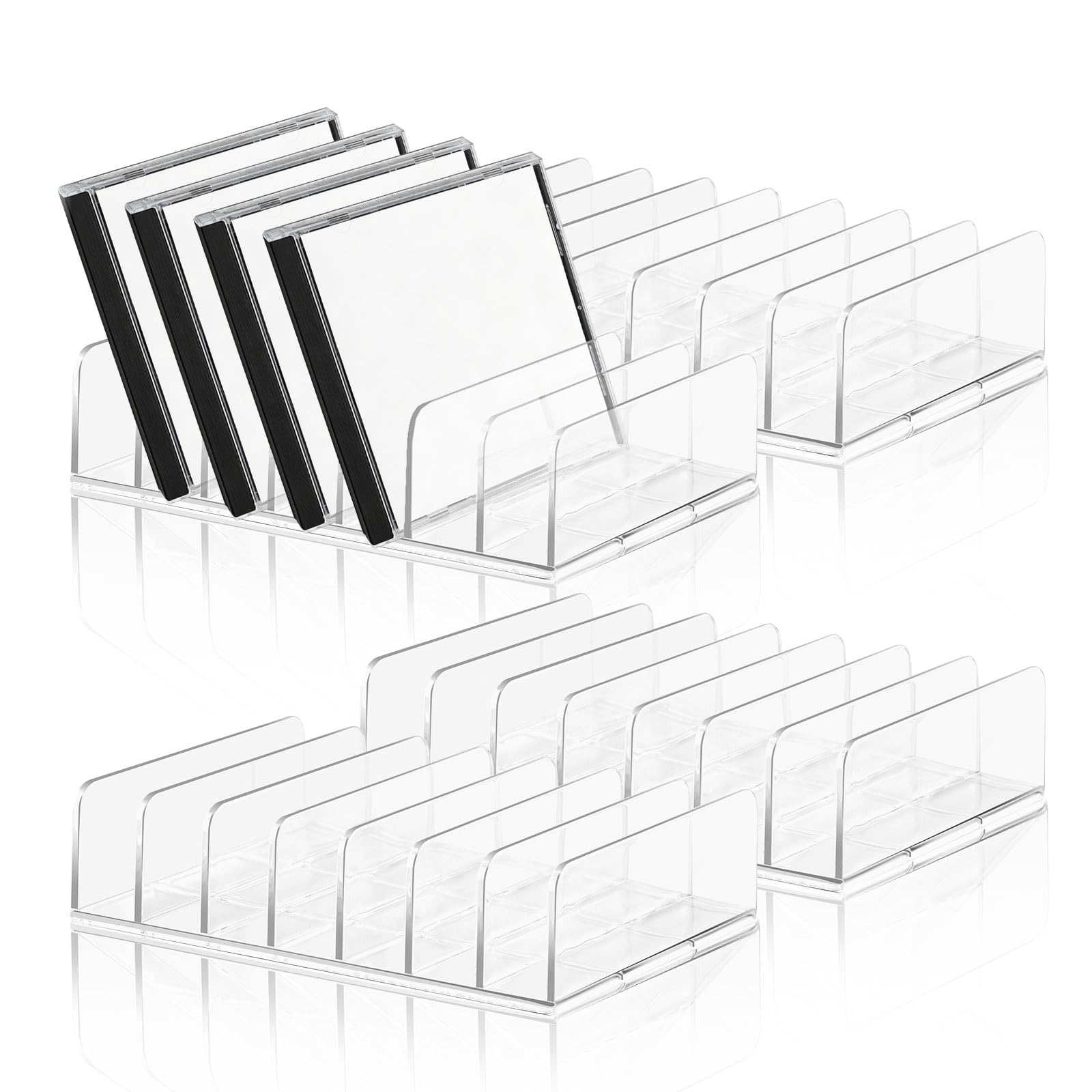 Fatiya 4 Pack Clear CD Holder Storage Rack, 7 Slot Plastic CD Display Stand, Each DVD Display Rack Organizer Holds Up To 14 Standard CD Cases for Media Shelf Storage Organization (Total of 56)