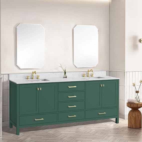 Yozma 84 Inch Bathroom Vanity with Sink, Green Wood Bathroom Storage Cabinet, Solid Wood Frame, Freestanding Double Basin Vanity, Soft Close Drawers, Modern Design