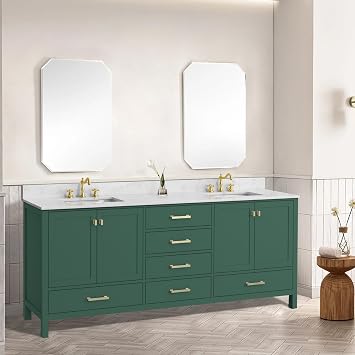 Yozma 84 Inch Bathroom Vanity with Sink, Green Wood Bathroom Storage Cabinet, Solid Wood Frame, Freestanding Double Basin Vanity, Soft Close Drawers, Modern Design