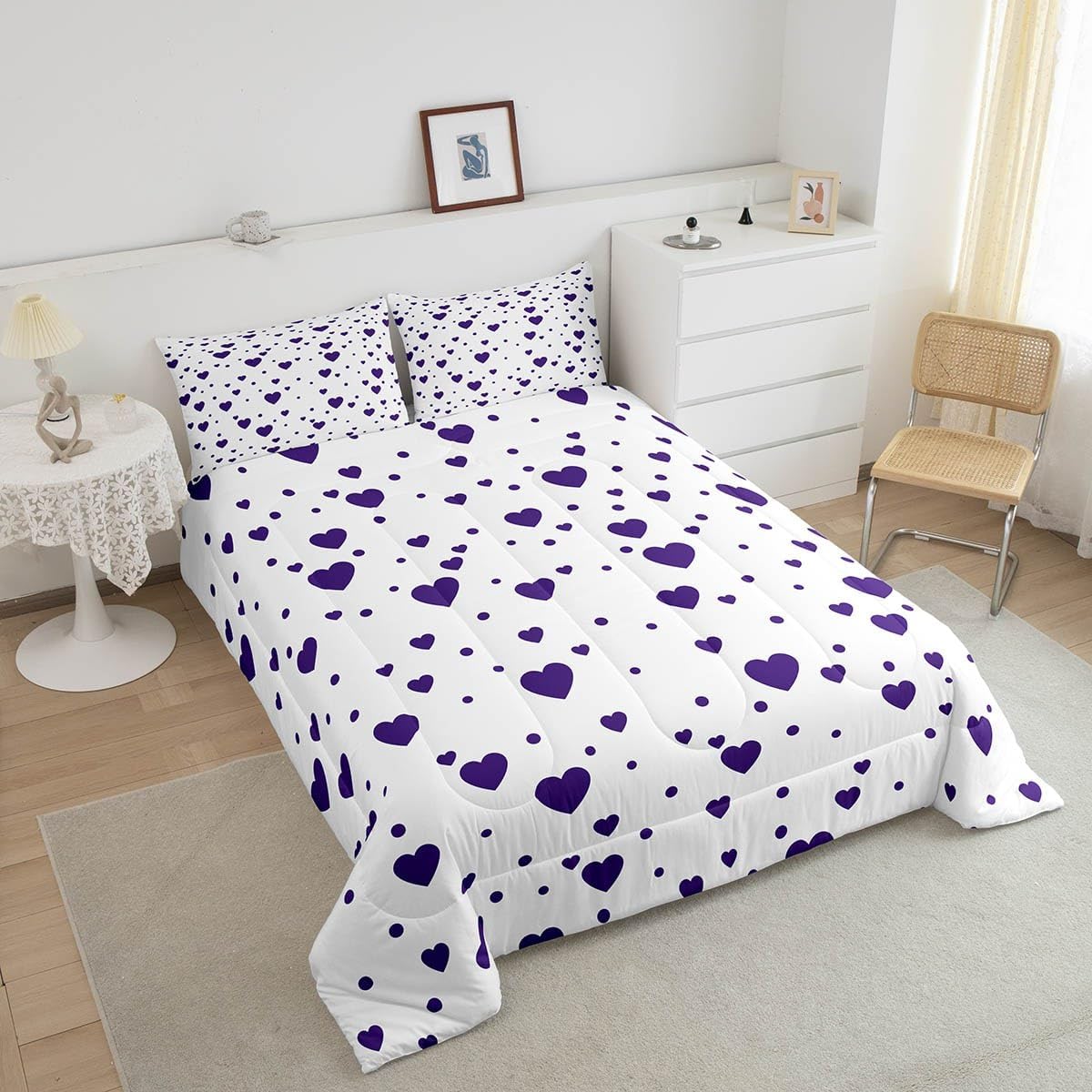 Feelyou Purple Hearts Comforter Full Size, Purple and White Reversible Comforter Set Kids Cute Love Hearts Bedding Set for Boys Girls Geometric Pattern Duvet Set Microfiber Bed Set Reversible