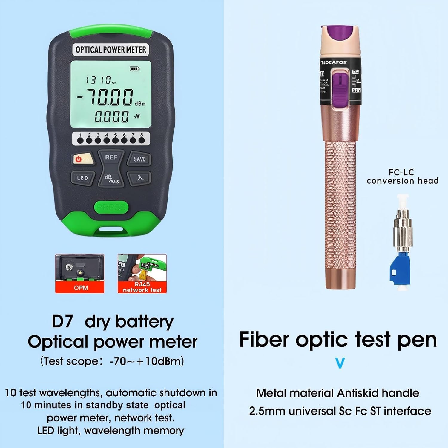 Fiber Optic Termination Tool Kit 10-in-1 Equipped with A-D7 Optical Power Meter (-70 - +10 dBm), FC-6S Fiber Cleaver and Wire Stripping Pliers, Aramid Scissors, Fiber Optic Tool Kit