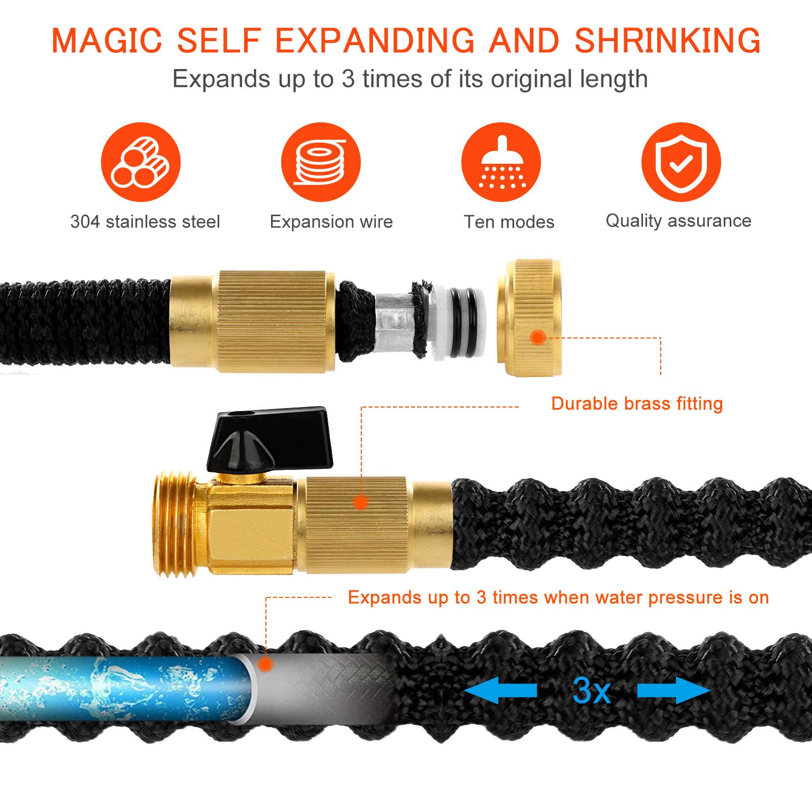 30M/100Ft Manguera De Agua De Jardín Expandibles Flexible con Pistola Pulverizadora De 10 Funciones, Núcleo De Látex Cuatro Capas, Conector Cobre Puro 3/4", Gancho De Metal, para Riego Césped