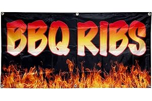 BBQ Banner, 4 Less Co 2x4 Feet BBQ RIBS Banner Sign Fabric Polyester