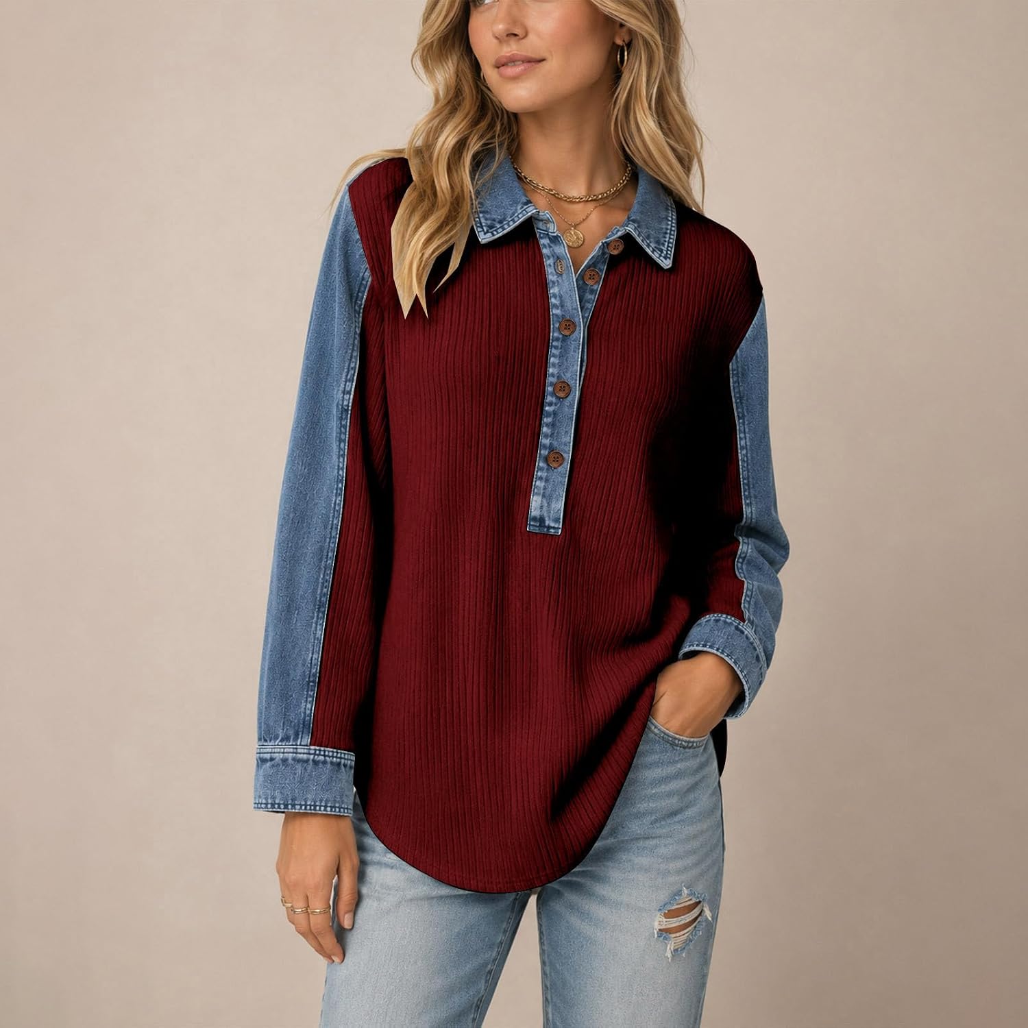Women's Ribbed Collared Henley Long Sleeve Contrast Panel Top
