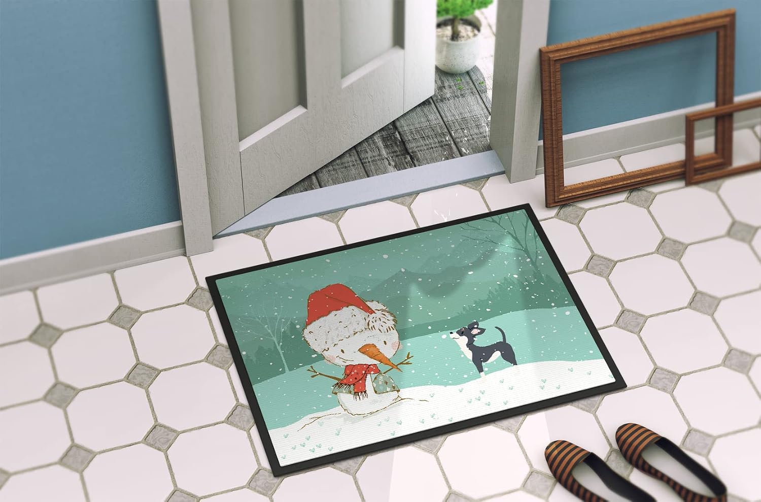 Caroline's Treasures CK2080MAT Black Chihuahua Snowman Christmas Doormat 18x27 Front Door Mat Indoor Outdoor Rugs for Entryway, Non Slip Washable Low Pile, 18H X 27W