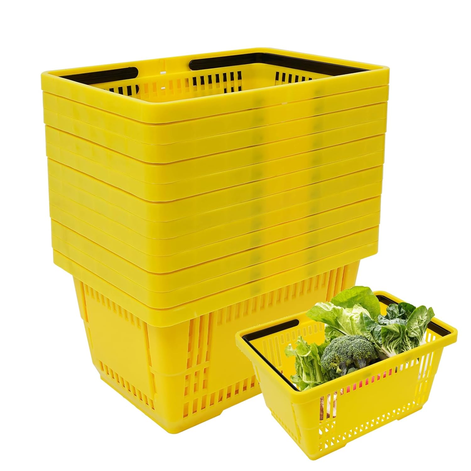 12 PCS Shopping Baskets with Handles, 28 L Plastic Shopping Basket 18.9×13×10.2in Portable Grocery Basket Durable & Convenient Shop Baskets Set for Retail Stores Supermarket (Yellow)