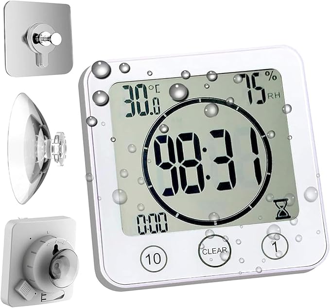 Waterproof Bathroom Wall Clock and Timer, Digital Water Resistant Hanging Timer for Shower, Large Display Kitchen Cooking Countdown Timers, Mirror Suction Clock with Temperature Humidity Meter (White)