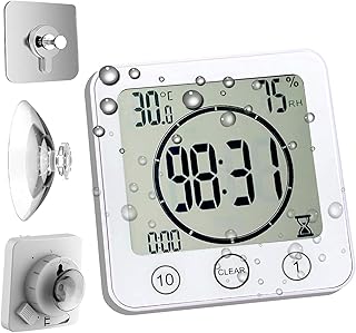 Waterproof Bathroom Wall Clock and Timer, Digital Water Resistant Hanging Timer for Shower, Large Display Kitchen Cooking Countdown Timers, Mirror Suction Clock with Temperature Humidity Meter (White)