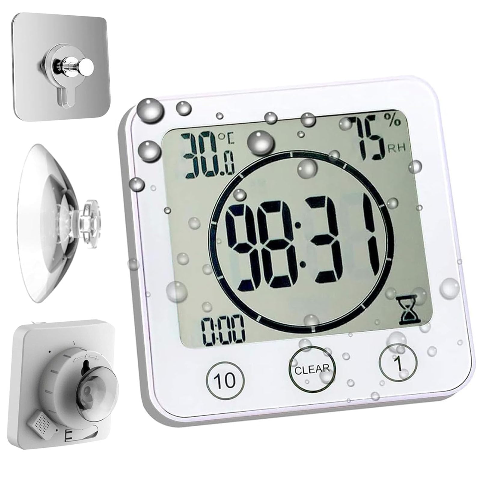 Waterproof Bathroom Clock and Timer for Shower, Digital Water Resistant Shower Alarm Clocks with Suction Cup, Water Proof Bathroom Hanging Wall Clock Humidity Temperature Meter, Touch Screen (White)