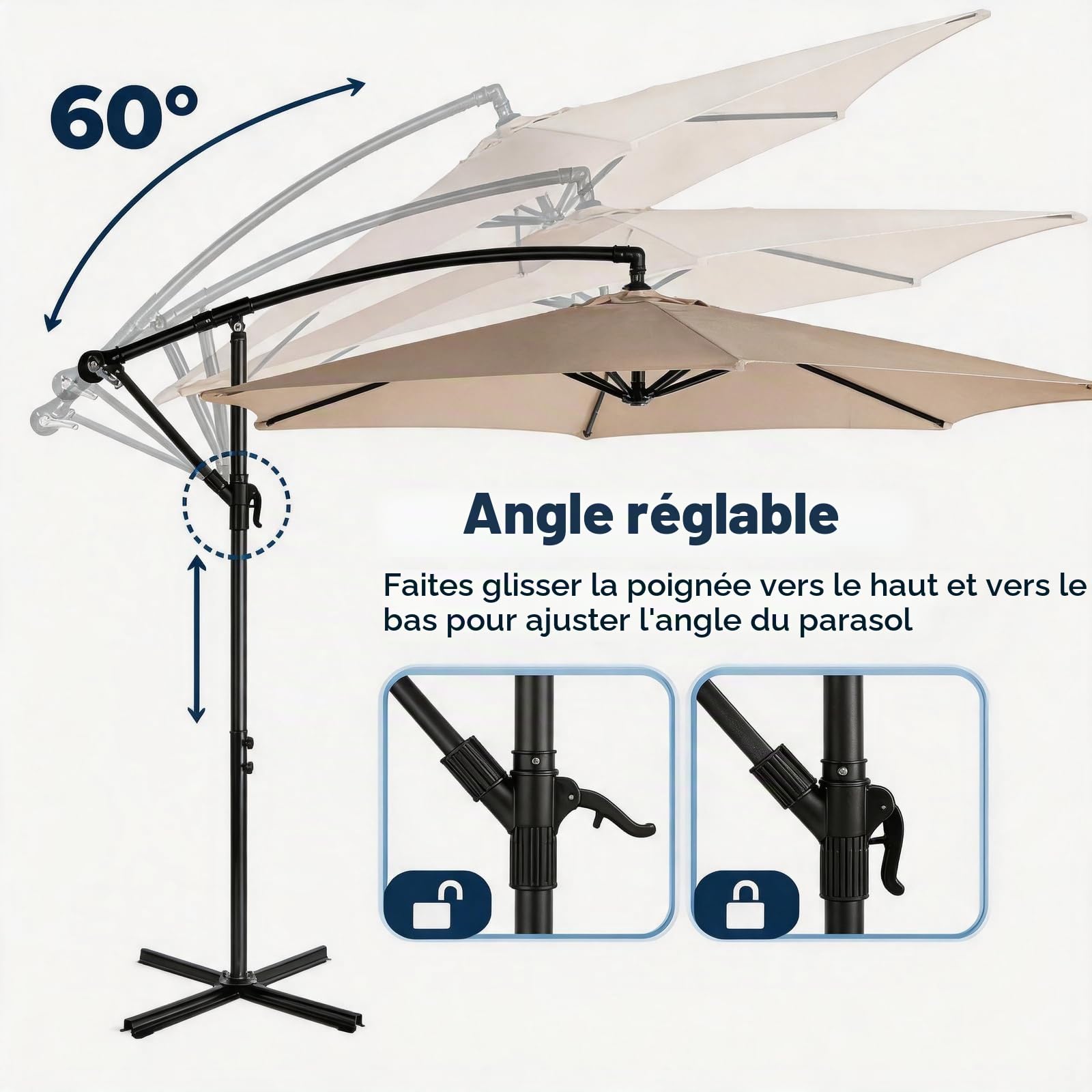 LEADZM Parasol déporté Ø 300 cm avec manivelle et rotatif à 360° avec 6 baleines, imperméable et protection UV, parasol de jardin avec support pour jardin, terrasse et extérieur