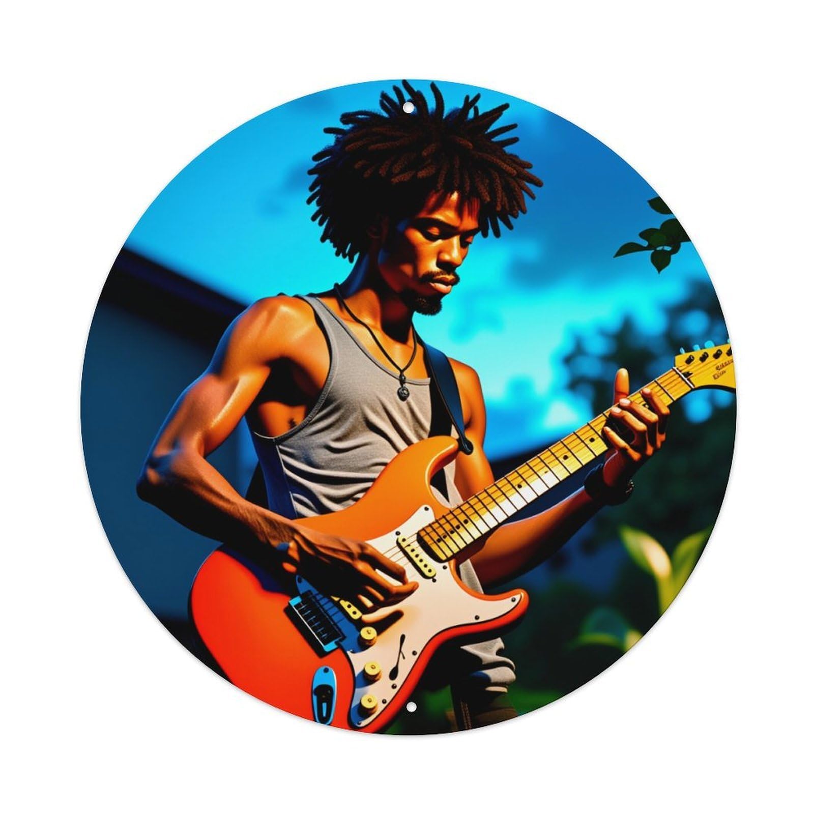 Wmlzdnwr Vintage Electric Guitar Player With Dreads And Tank Top Round Tin Sign,Retro Wall Art,Metal Poster For Home, Bar, Garage, Cafe, Rustic Indoor & Outdoor Decor, 8X8 Inches
