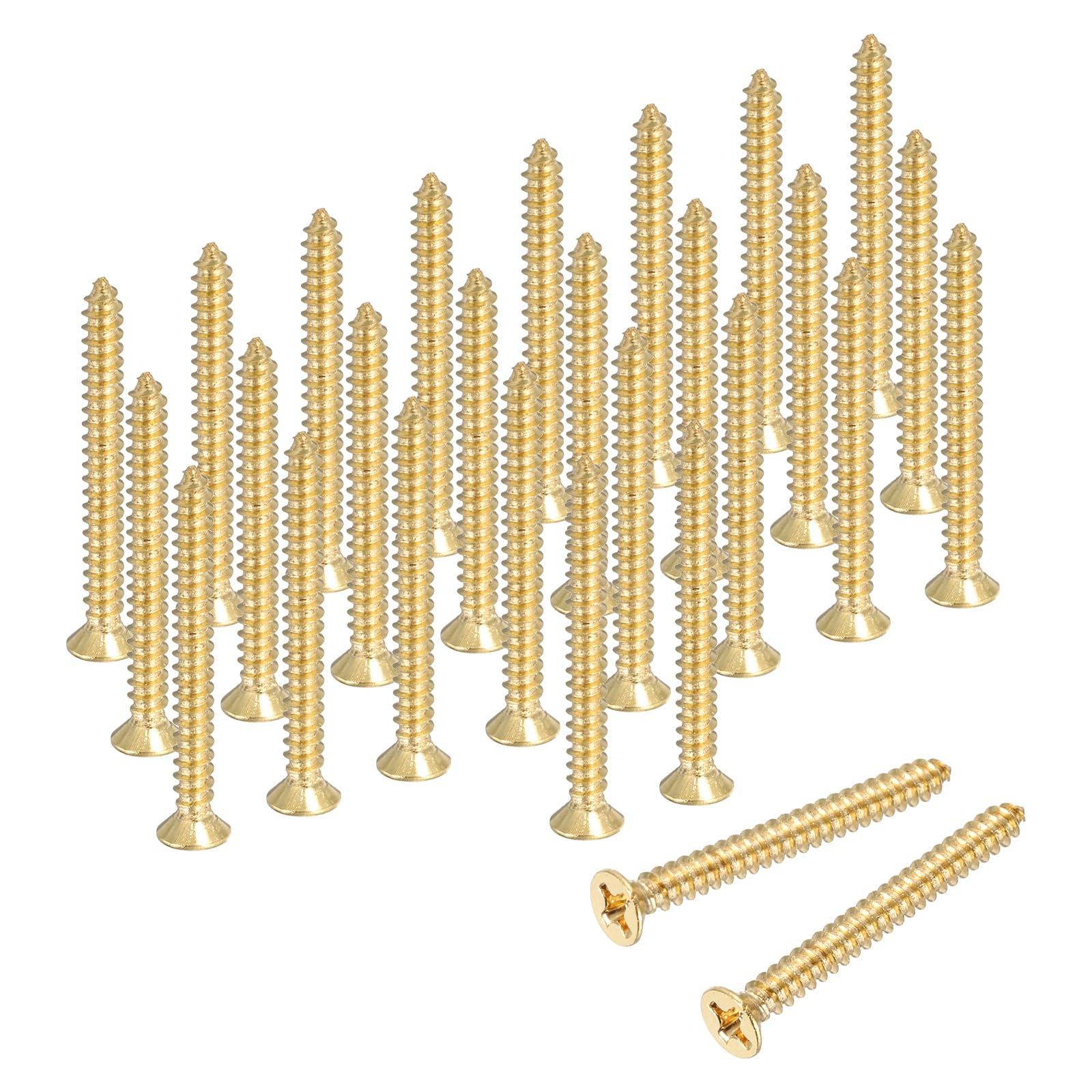 sourcing map Brass Phillips Wood Screws, M3 x 30mm Brass Phillips Flat Wood Screws Self-Tapping Furniture Connector for Door Hinges, Wood Crafts and DIY Projects,(Gold Tone, Pack of 38)