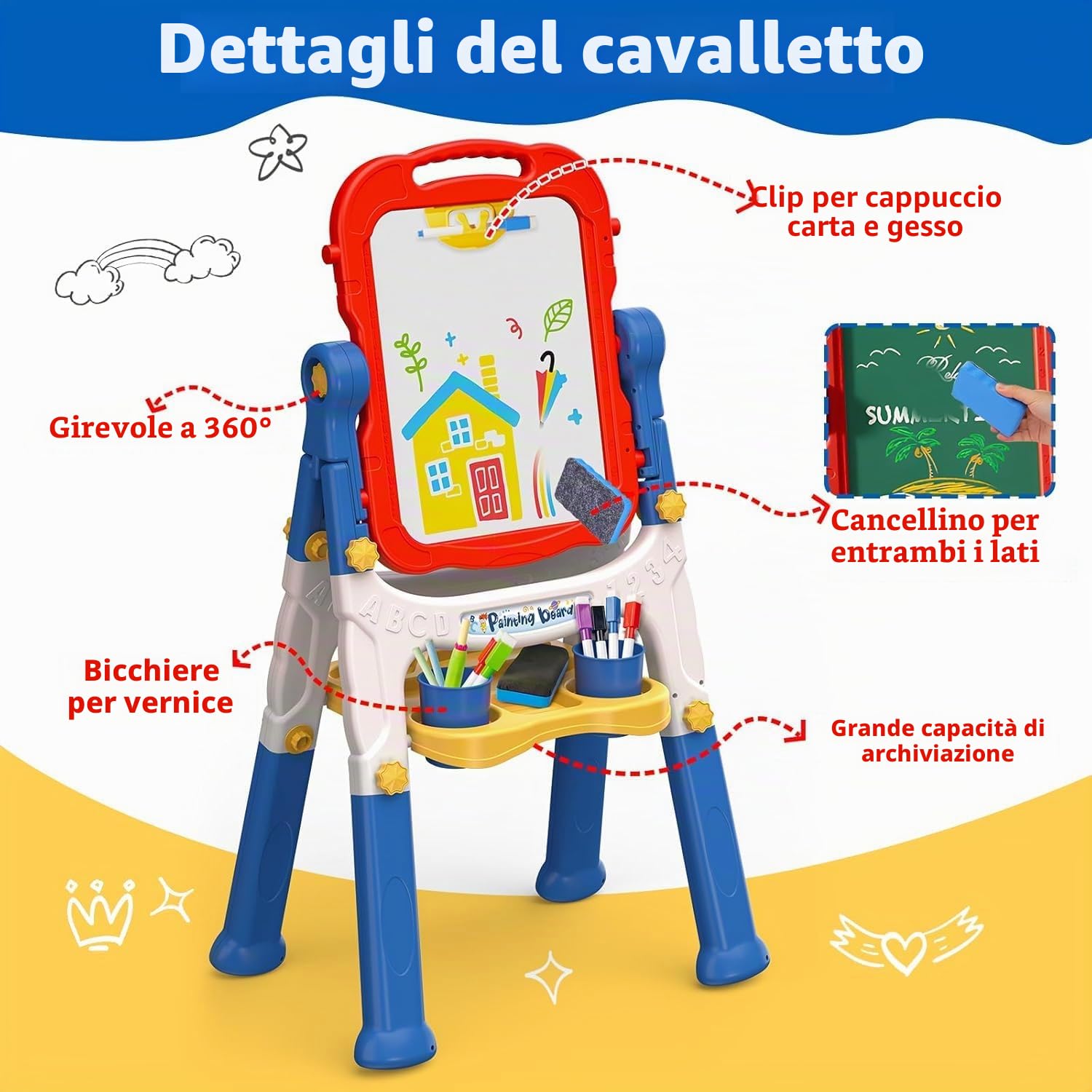 Lavagna per Bambini 4 in 1 con Lavagna Bianco Cancellabile, Lavagna Nera per Gessoi e Magnetica, Cavalletto Pitturai Regolabile Altezza, Giochi Educativi Regalo 2 3 4 5 6 Anni