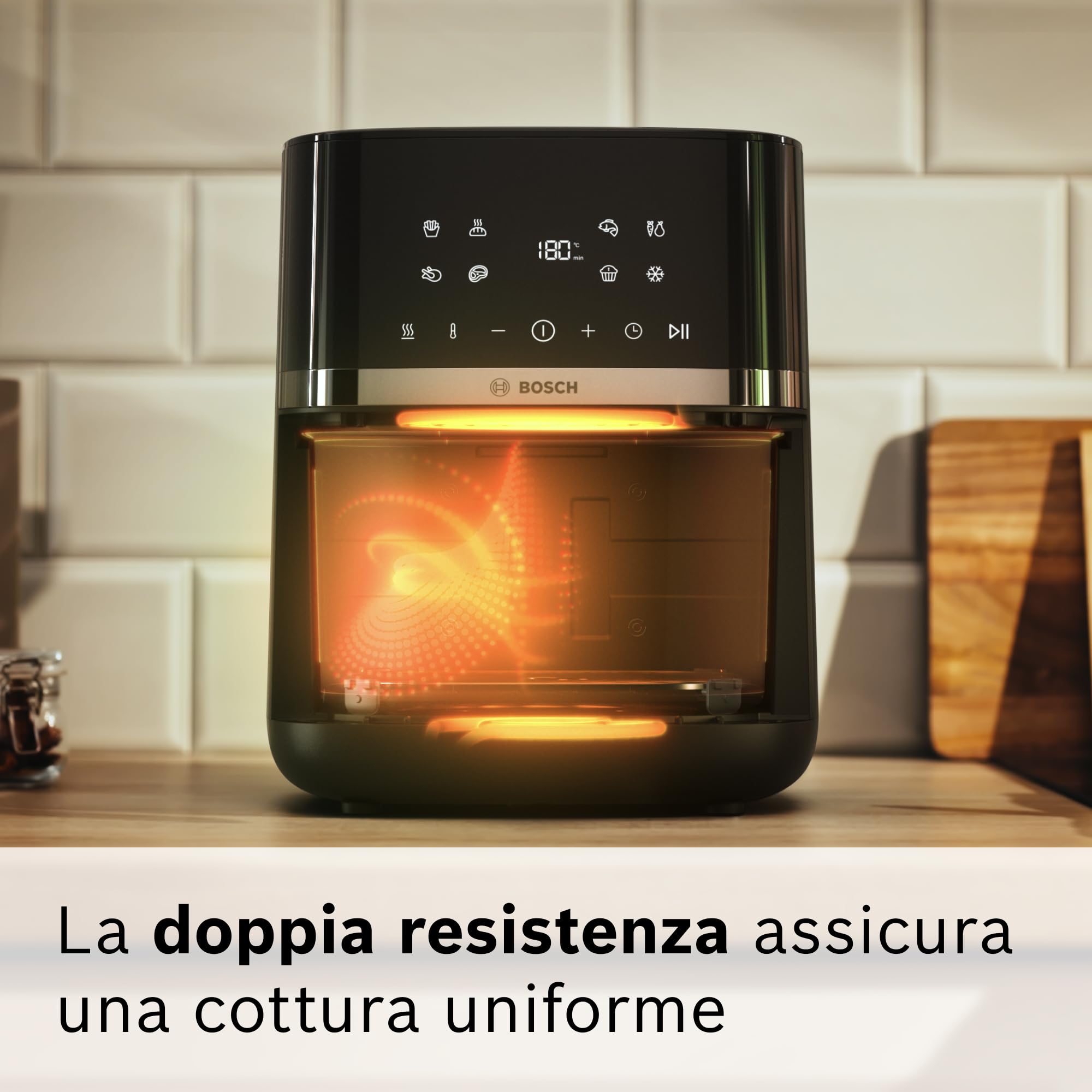 Bosch Serie 4 Friggitrice ad Aria MAF462B0, Air Fryer 6,1 L, 7 Programmi, Doppia Resistenza, Funzioni Defrost e Mantenimento in Caldo, Touchscreen, Cottura fino al 60%* Più Veloce, Nero