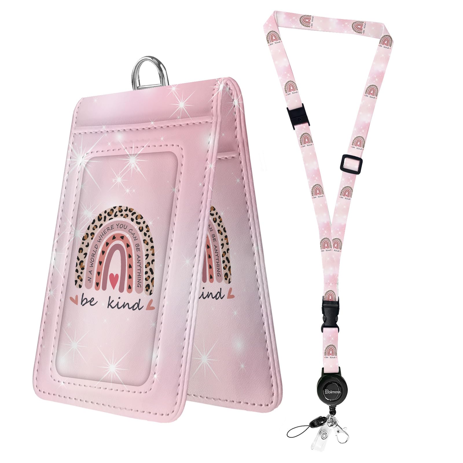 Bolimoss Be Kind Double Sided Badge Holder, Rainbow Cute Badge Holder with Adjustable Retractable Neck Lanyard, PU Leather ID Card Holder with Quick Release Buckles Detachable Badge Lanyards for Women — image 1
