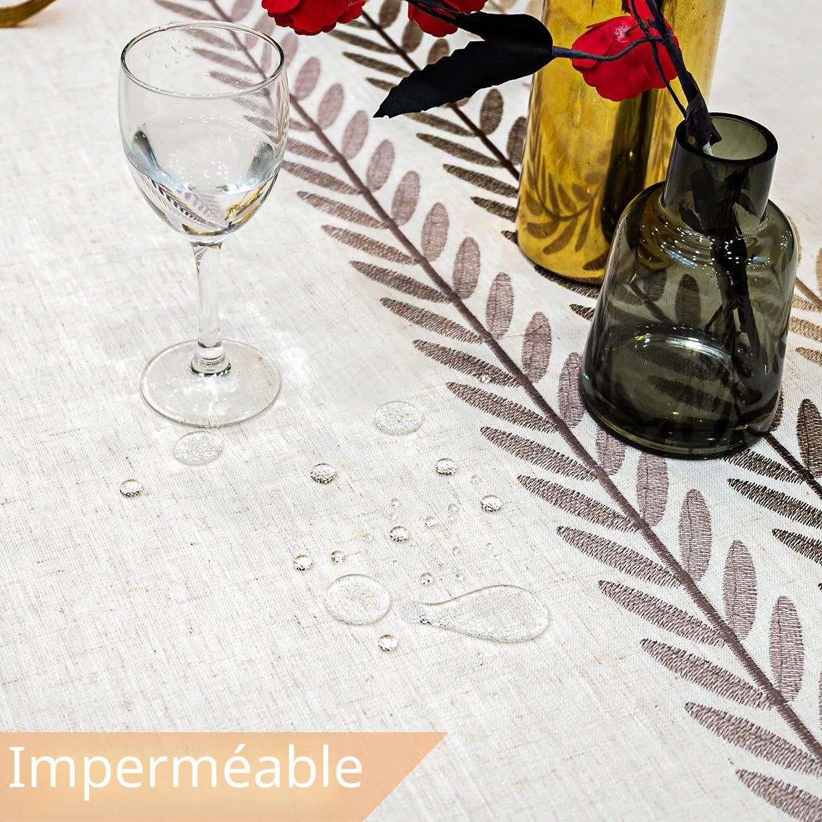 Nappe de Ferme rectangulaire en Coton et Lin Lavable et antisalissure avec Pompons pour Cuisine, Salle à Manger, Pique-Nique, extérieur, Jardin (Feuilles de Café, 140 x 260 cm)