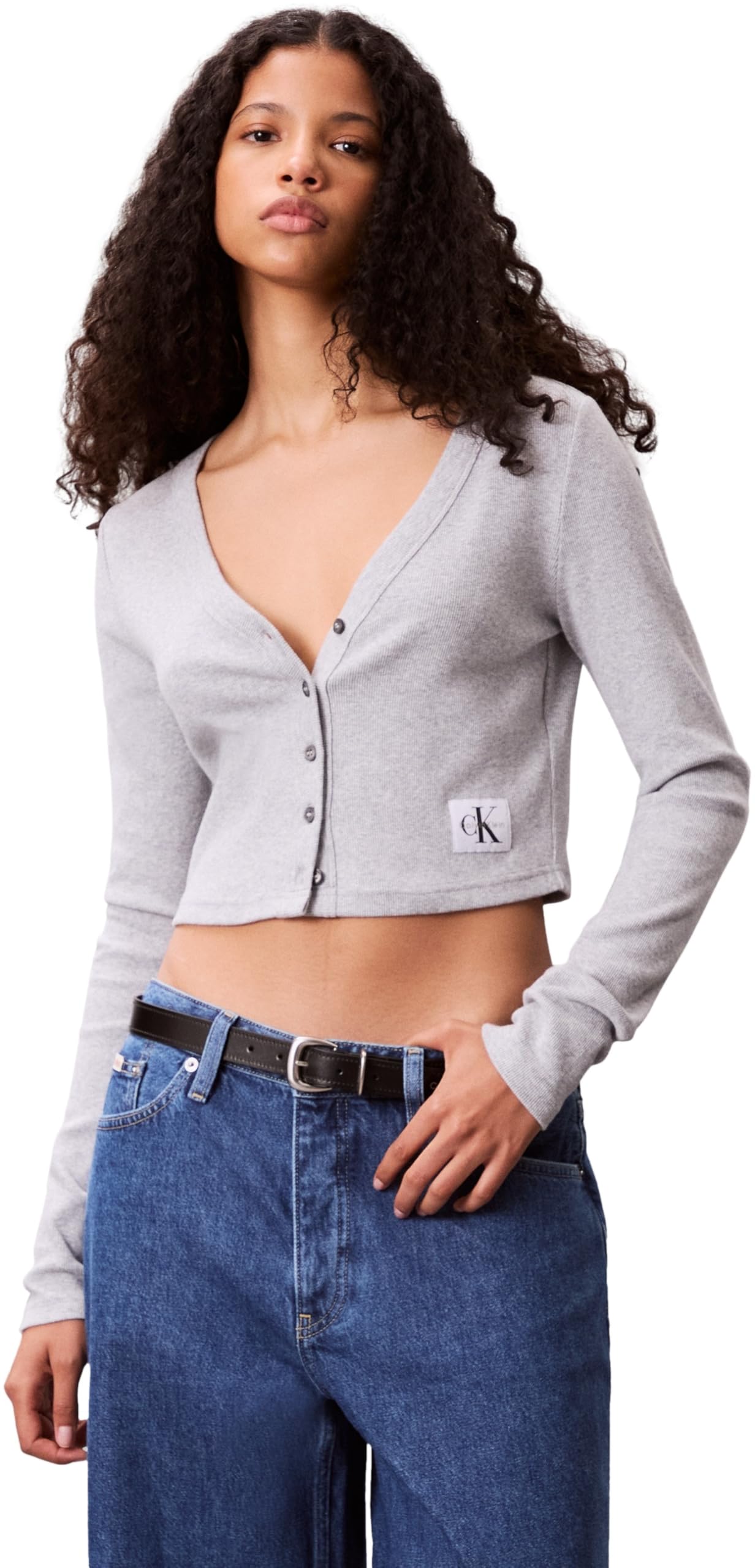 Calvin Klein Women’s Woven Label Ribbed Cardigan with Button Placket, Grey (Bc06 Grey Heather), M