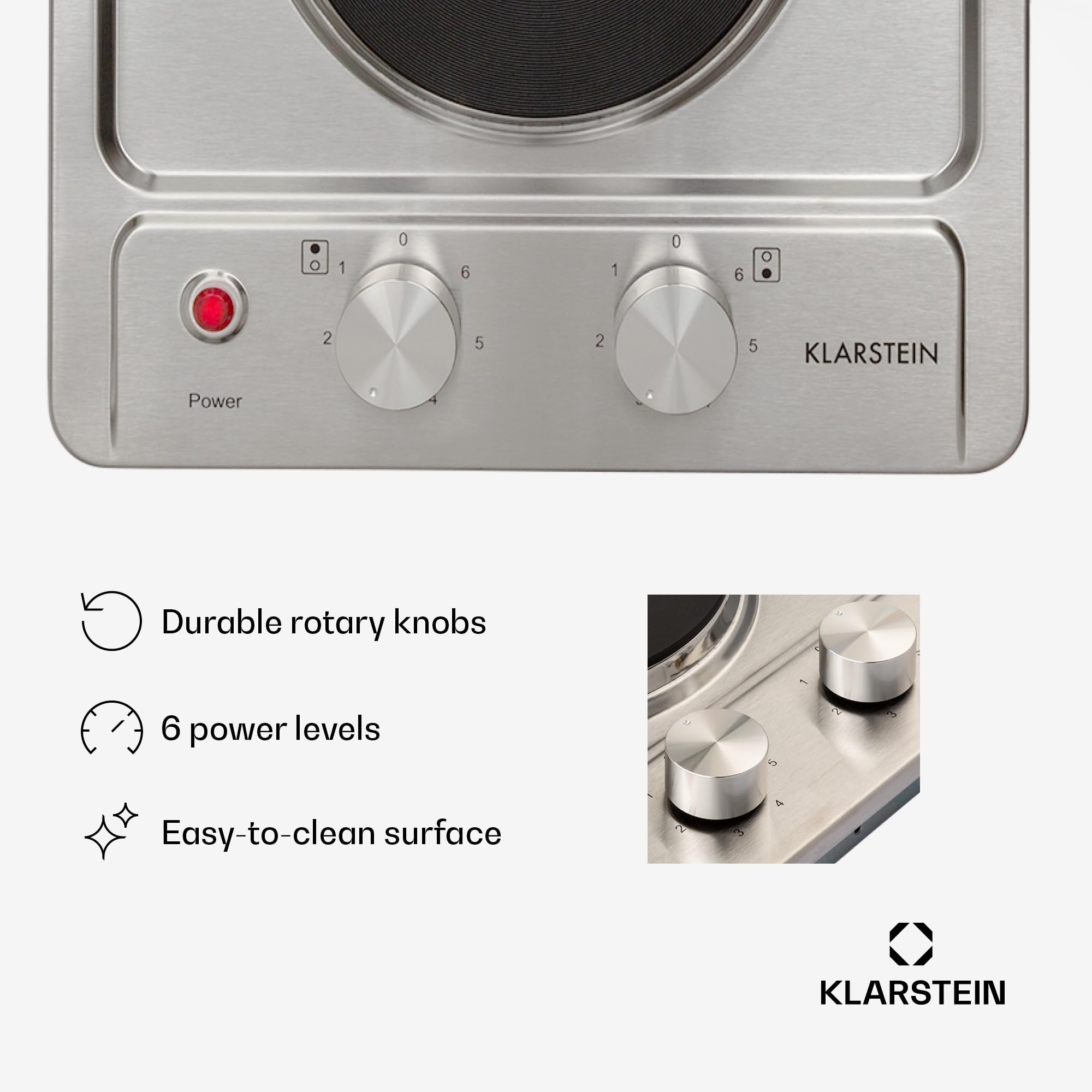 Klarstein Appetito Płyta grzejna do zabudowy, Wskaźnik ciepła resztkowego, Pokrętła, 6 stopni mocy, Elektryczna, Płyty grzejne, Stal nierdzewna, 2 płyty/strefy, 3000 W, srebrna
