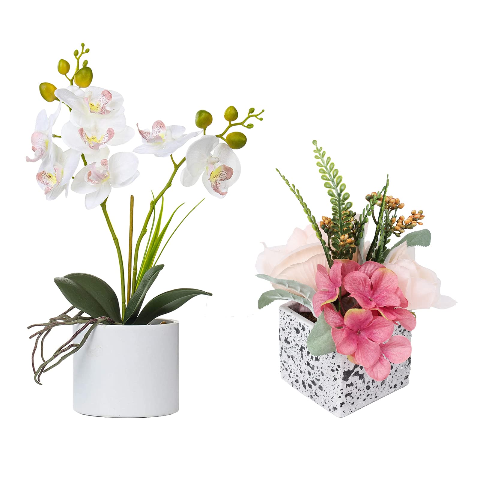 Jusdreen Artificial Vase Vivid Orchid Flower and Small Ceramic Vase Fake Plant Eucalyptus Leaf Berry Flower Arrangement for Home Decoration 2 Pots,1